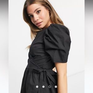 Missguided black wrap top short puff sleeves peplum